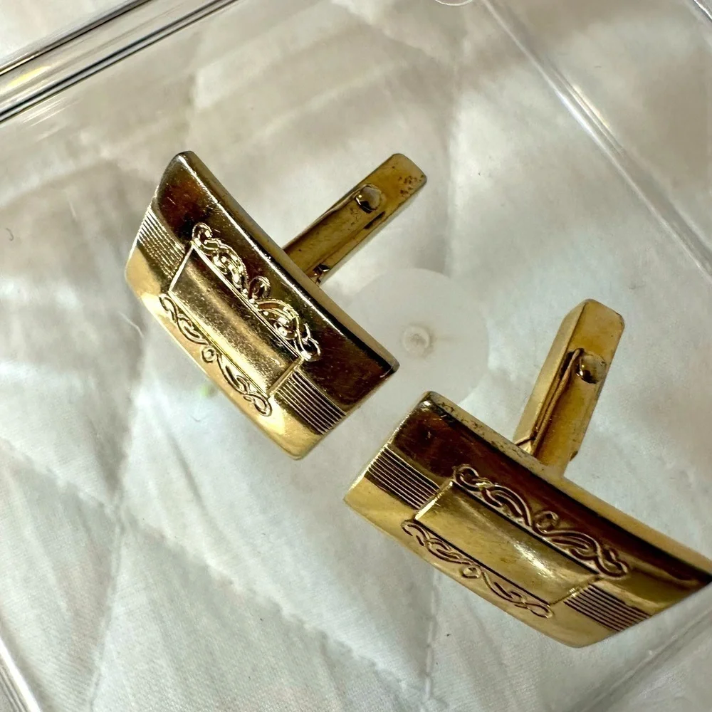Mens Gold Tone Cufflinks Rectangle Unique Classic Vintage
